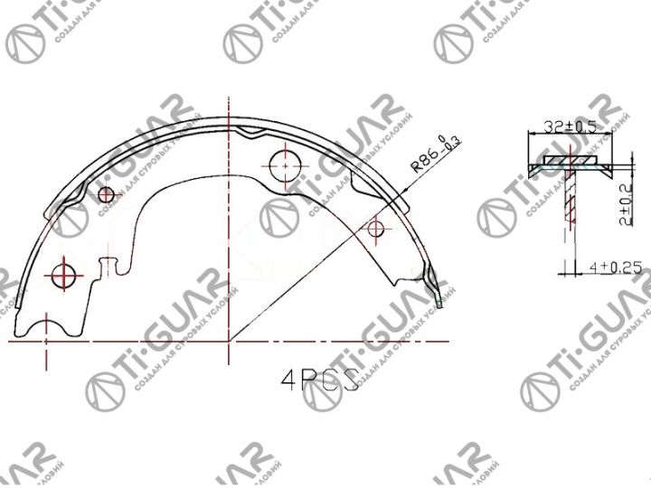 Тормозные колодки (РУЧНОГО ТОРМОЗА) TG-4299/FN0614* Ti·GUAR (комплект 4шт.)